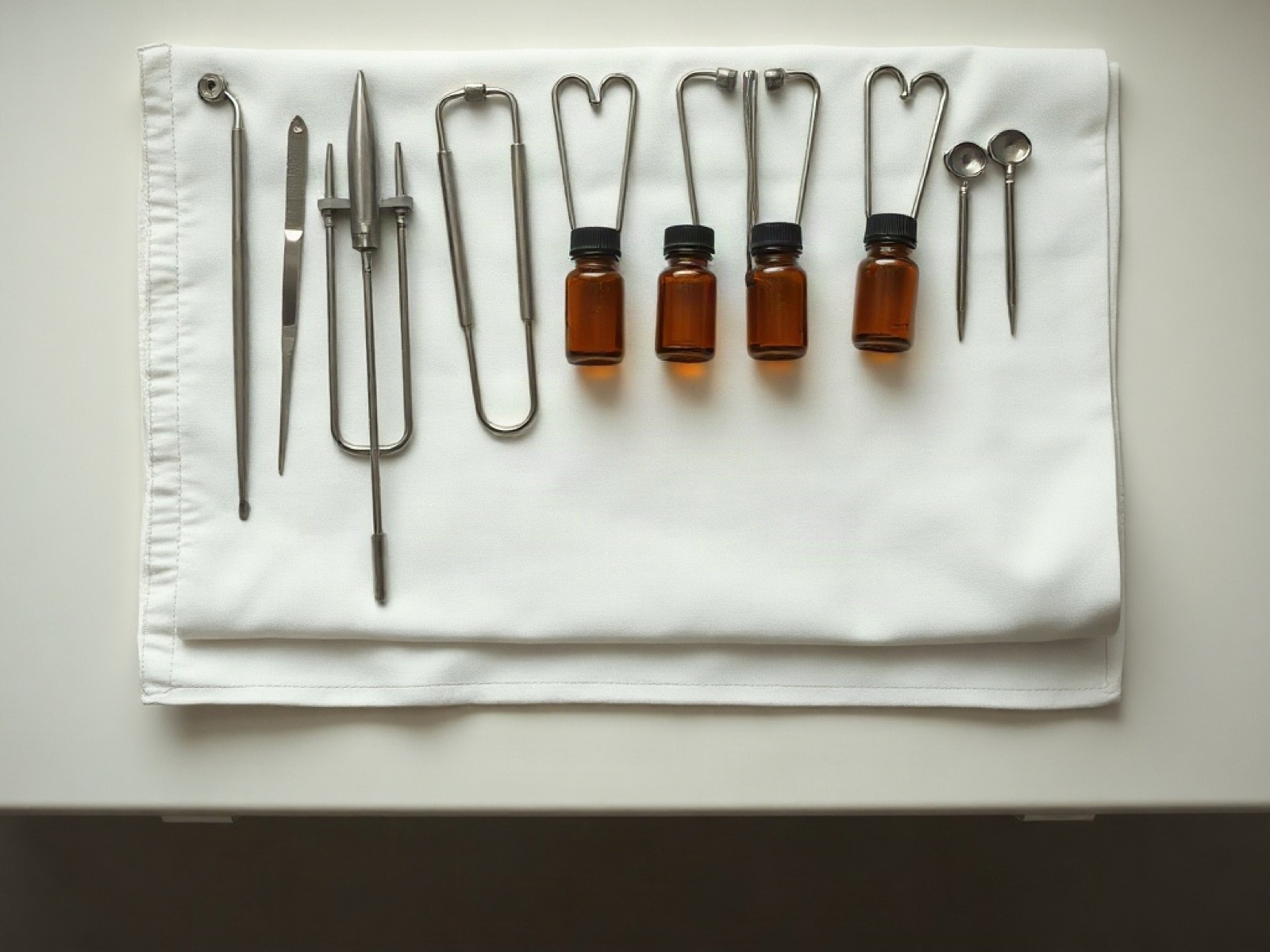 Clinical instruments laid out on a white cloth