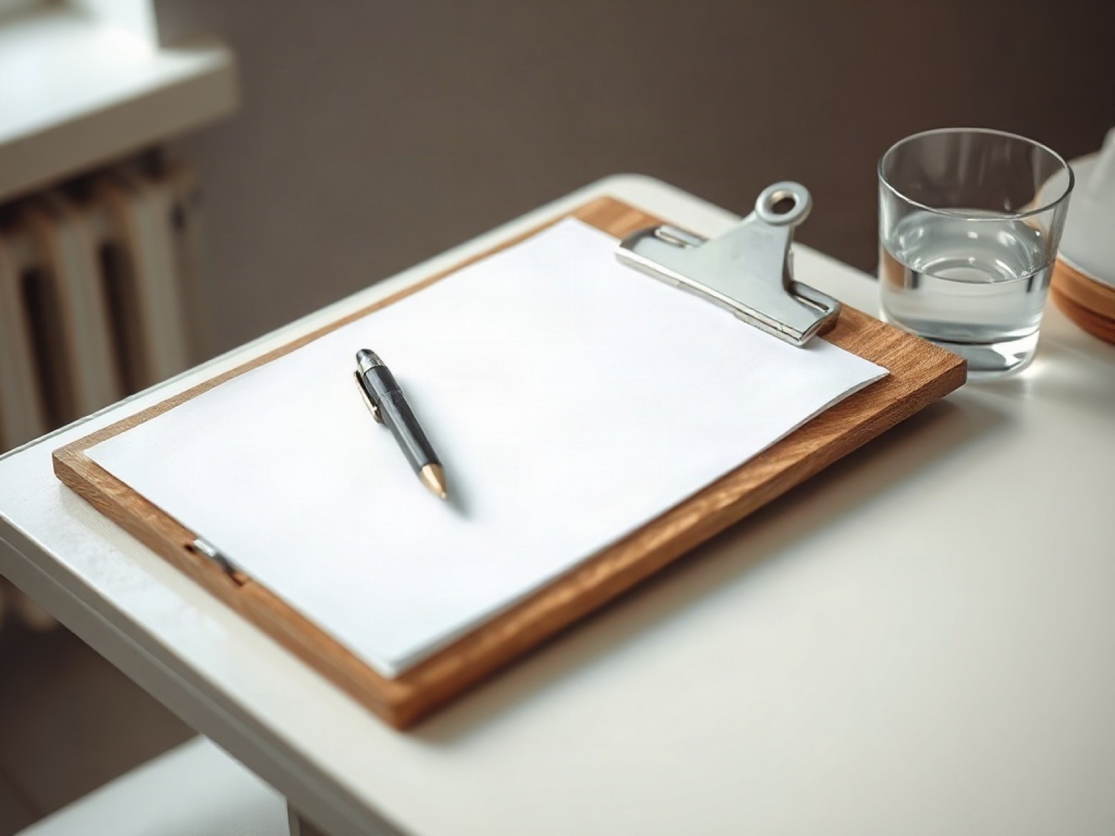 Wooden clipboard with a blank sheet and a pen