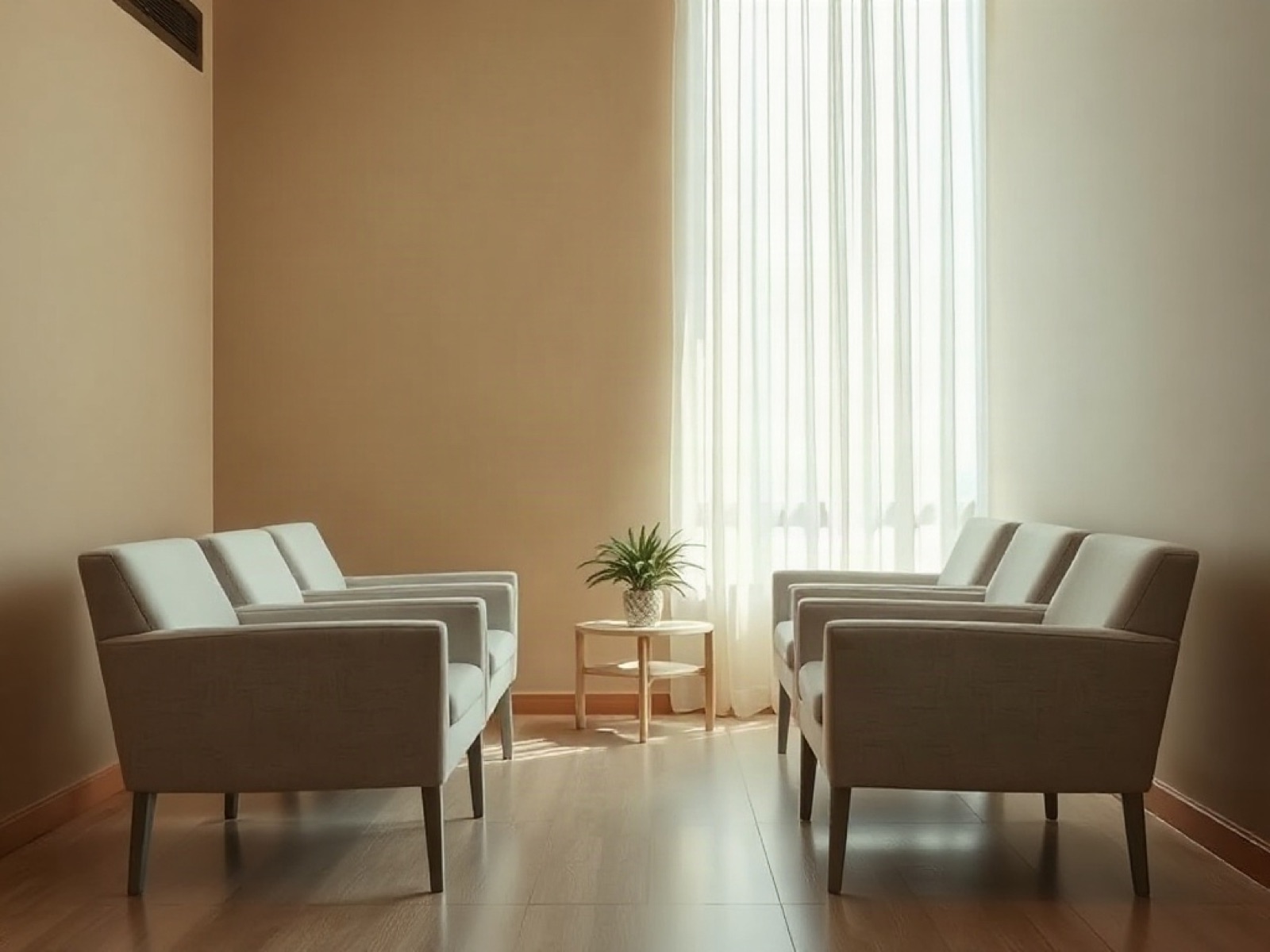 Empty waiting area with pale armchairs and window light