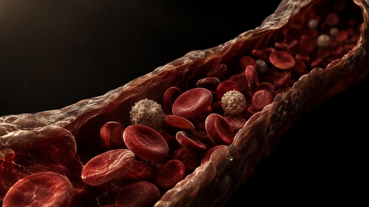 Inside a blood vessel with red blood cells in circulation