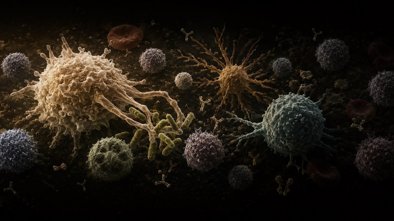 Immune system cells surrounding particles against a dark background