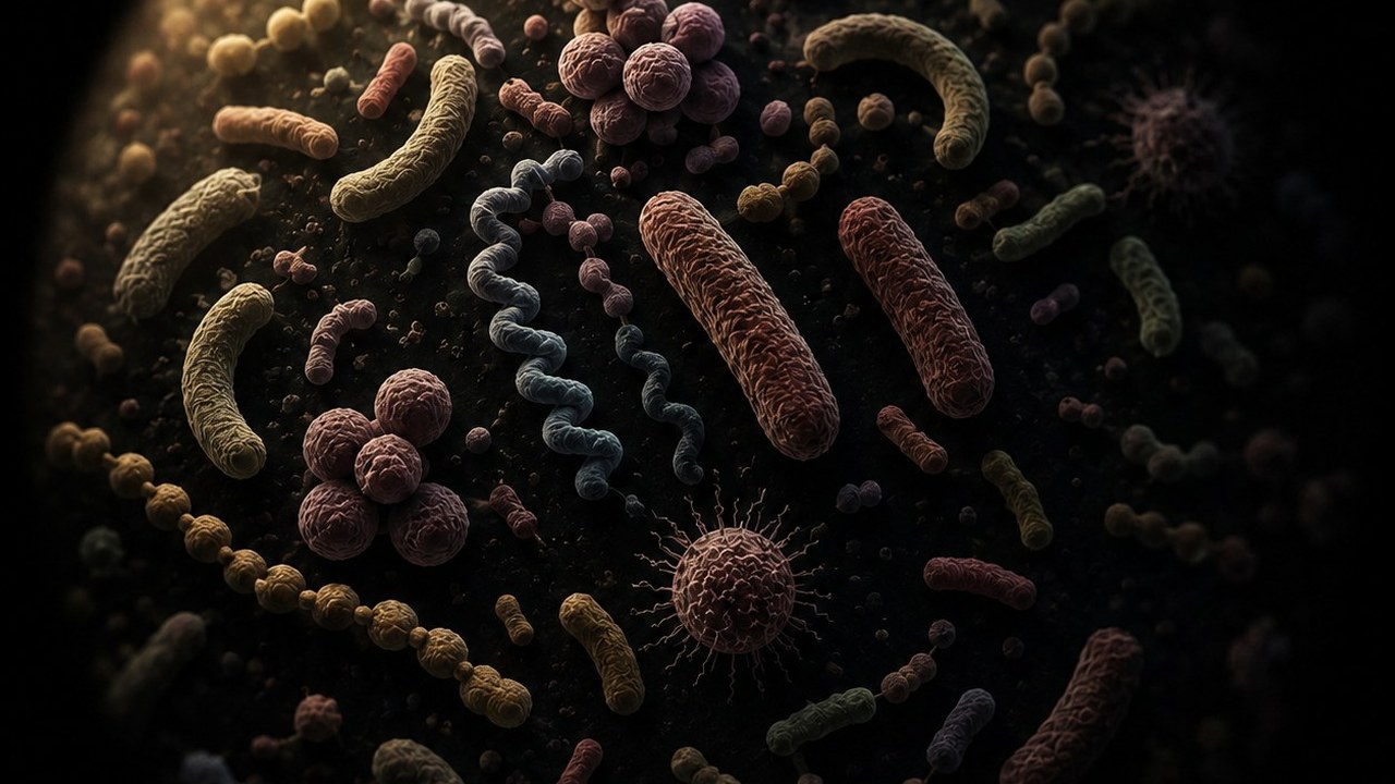 A cluster of bacteria of different shapes, as seen in a gut community
