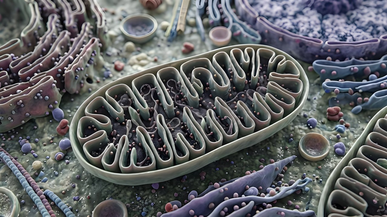 Cross-section of a mitochondrion showing its cristae, among organelles inside the cell